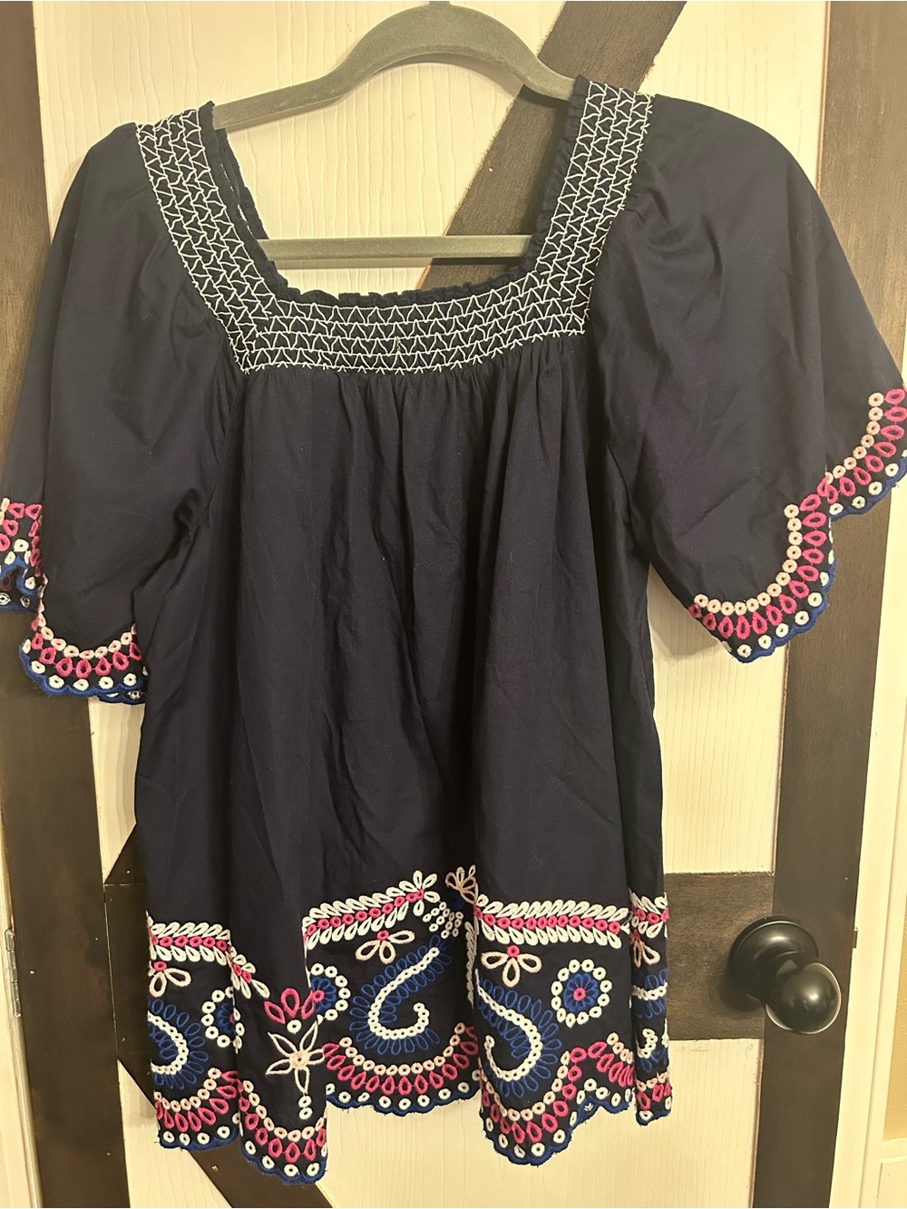 crown & ivy Navy Smocked Top with White Stitching